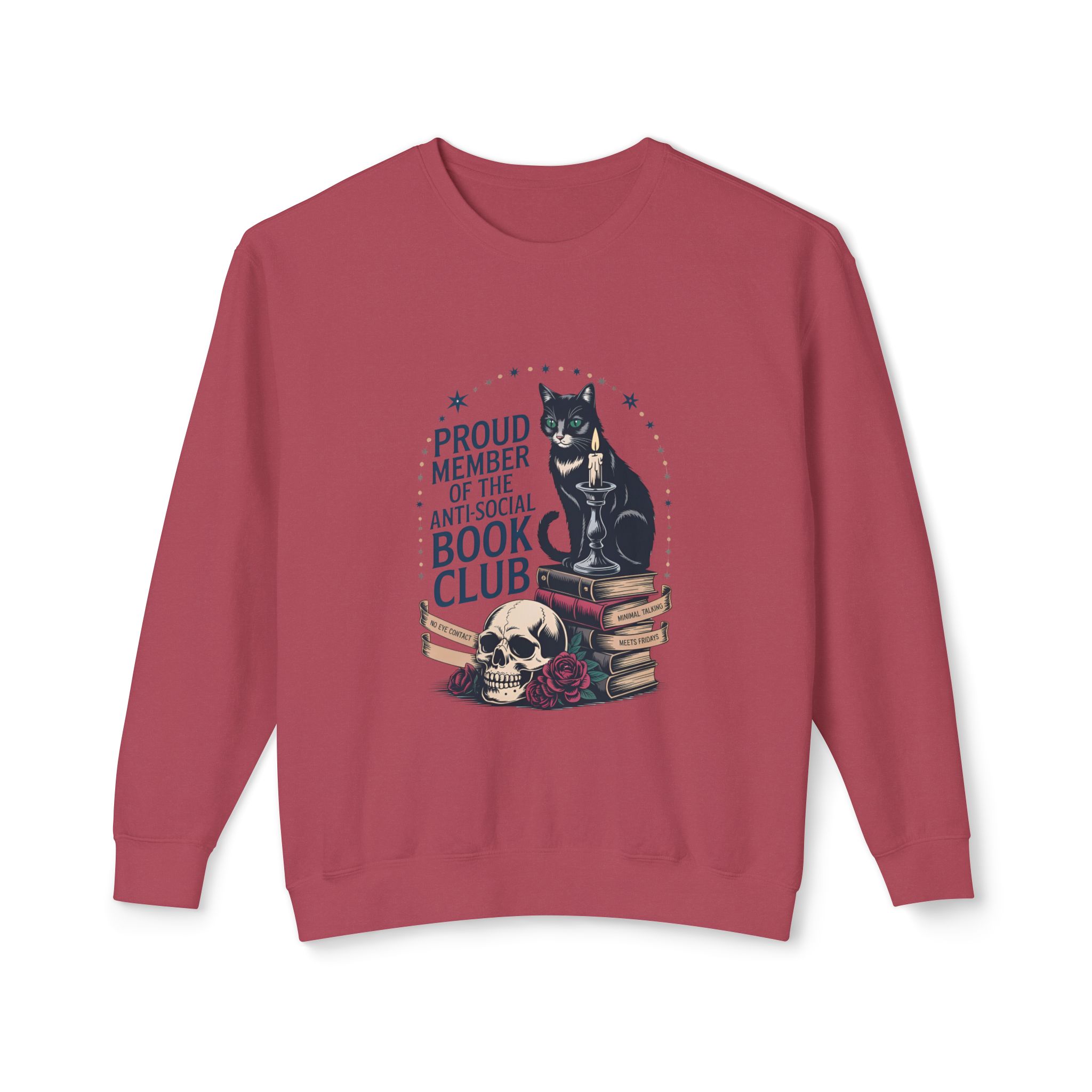 “Proud Member of the Anti-Social Book Club” Cat & Skull Crewneck Sweatshirt
