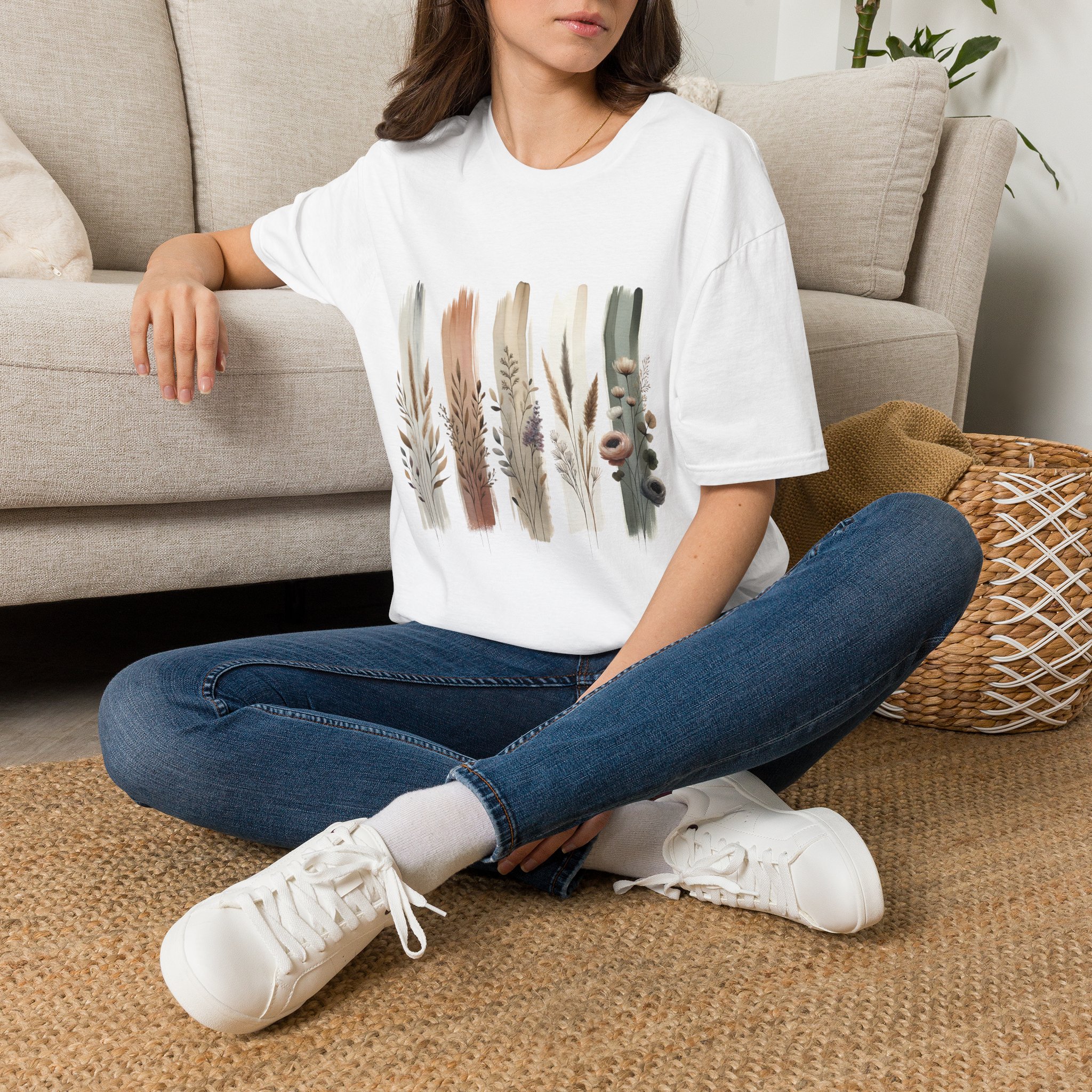 Botanical Brushstroke Neutral Floral Stems T-Shirt