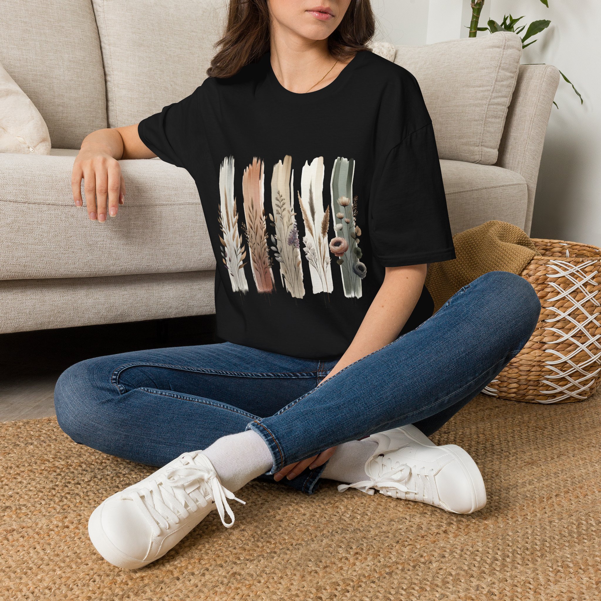 Botanical Brushstroke Neutral Floral Stems T-Shirt