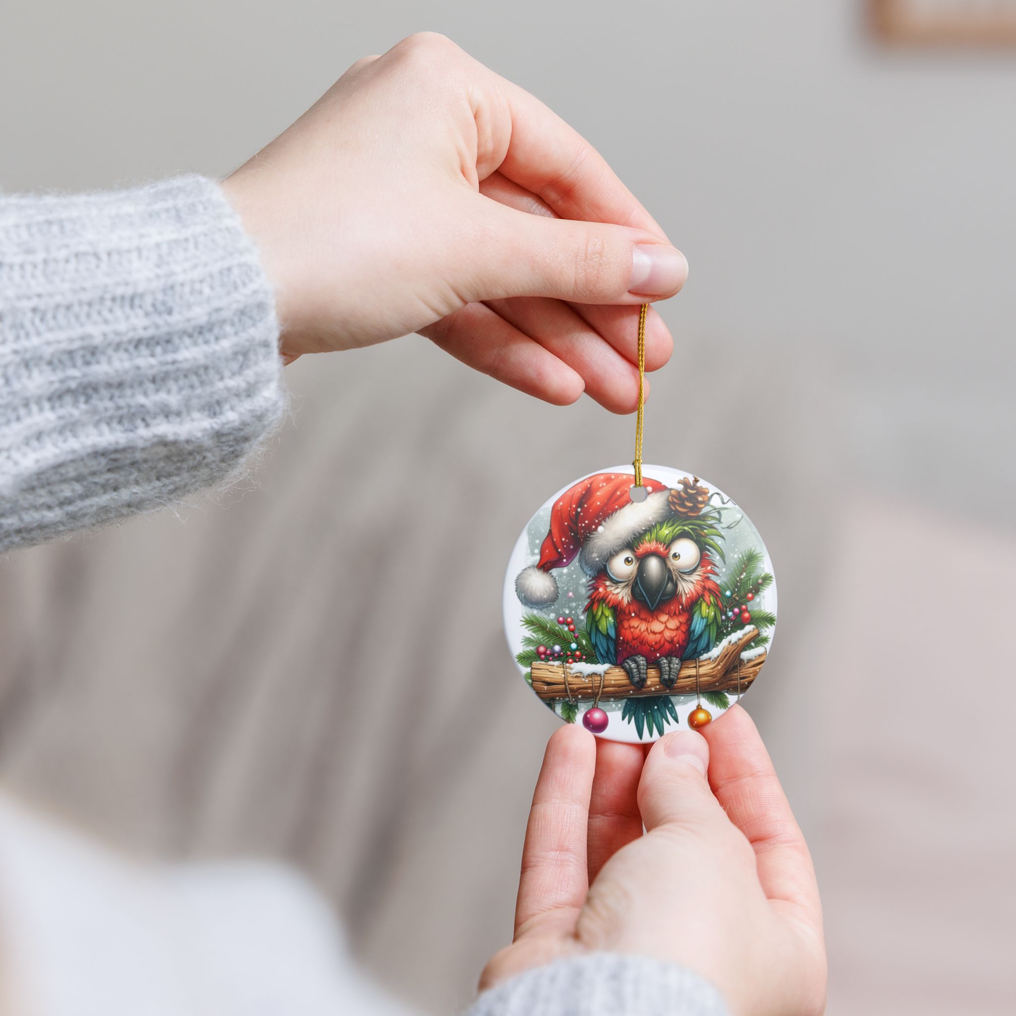 Christmas Parrot Santa Ceramic Ornament
