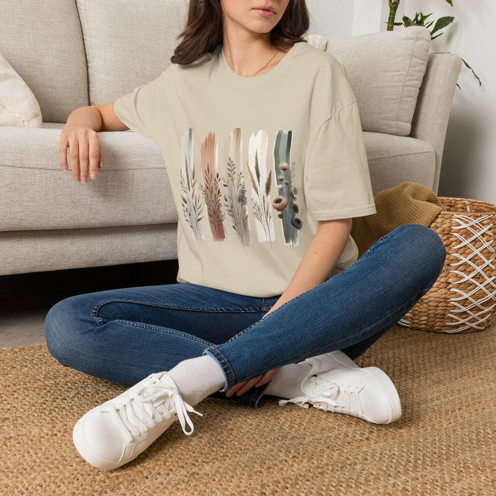 Botanical Brushstroke Neutral Floral Stems T-Shirt
