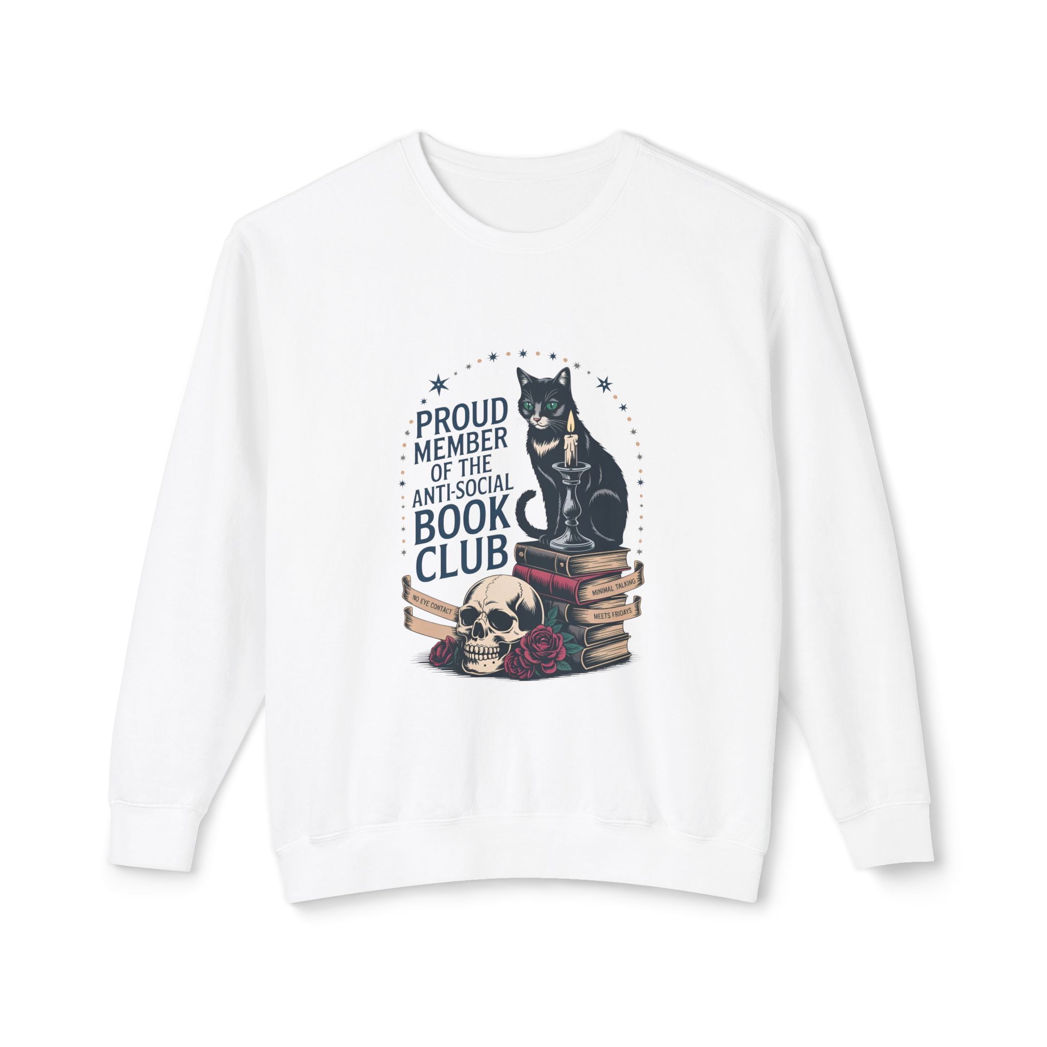 “Proud Member of the Anti-Social Book Club” Cat & Skull Crewneck Sweatshirt