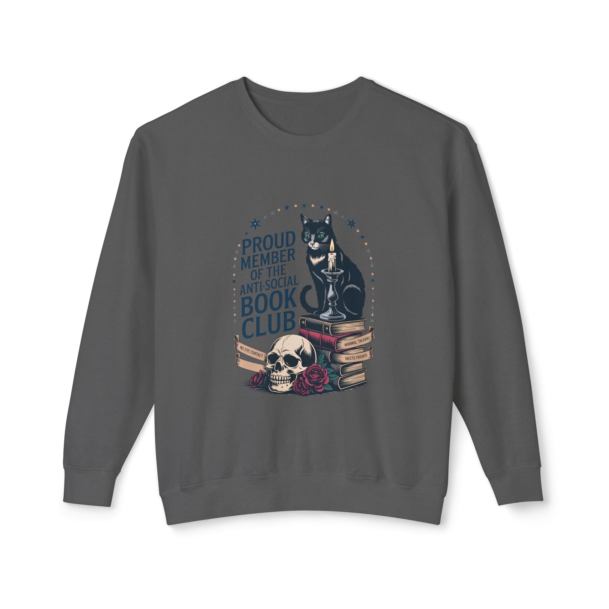 “Proud Member of the Anti-Social Book Club” Cat & Skull Crewneck Sweatshirt