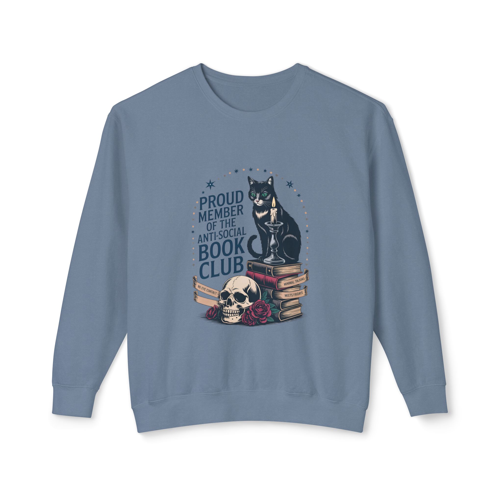 “Proud Member of the Anti-Social Book Club” Cat & Skull Crewneck Sweatshirt