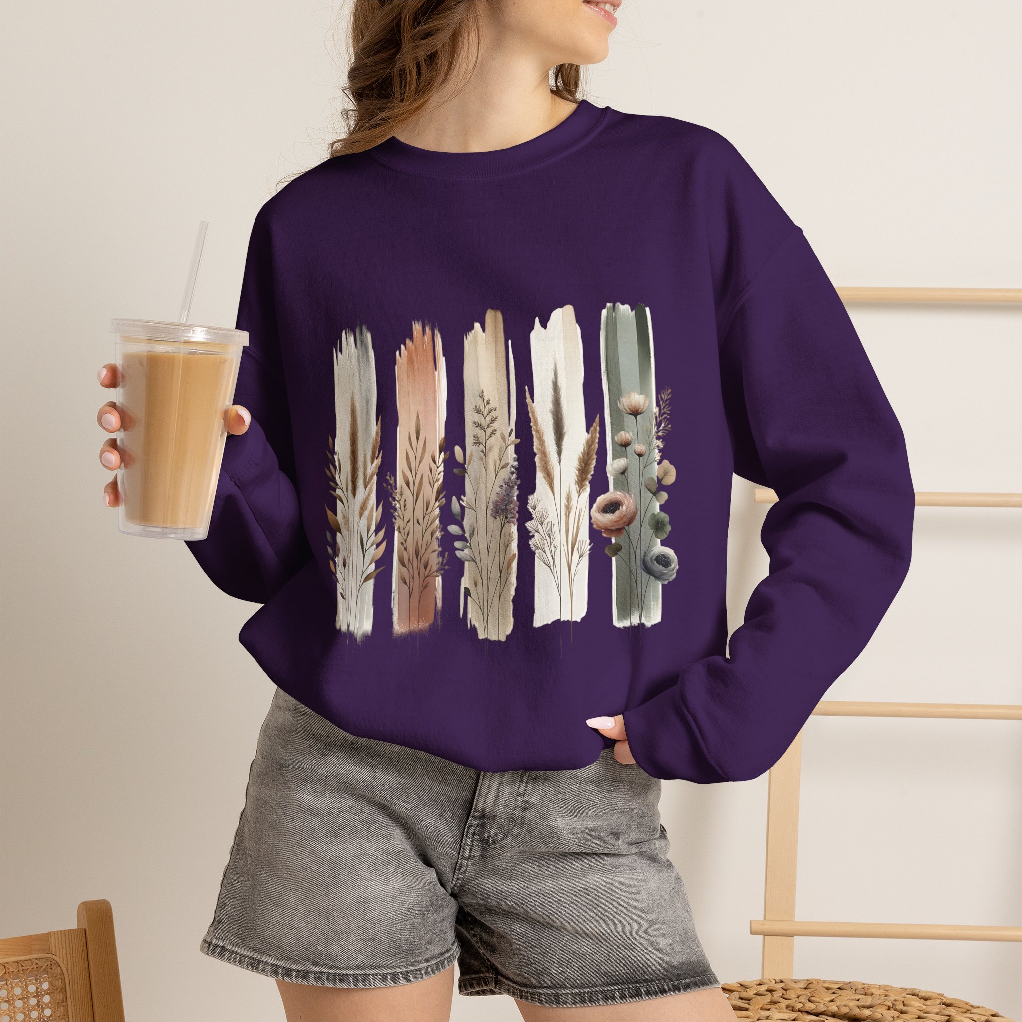 Boho Neutral Brushstroke Floral Crewneck Sweatshirt