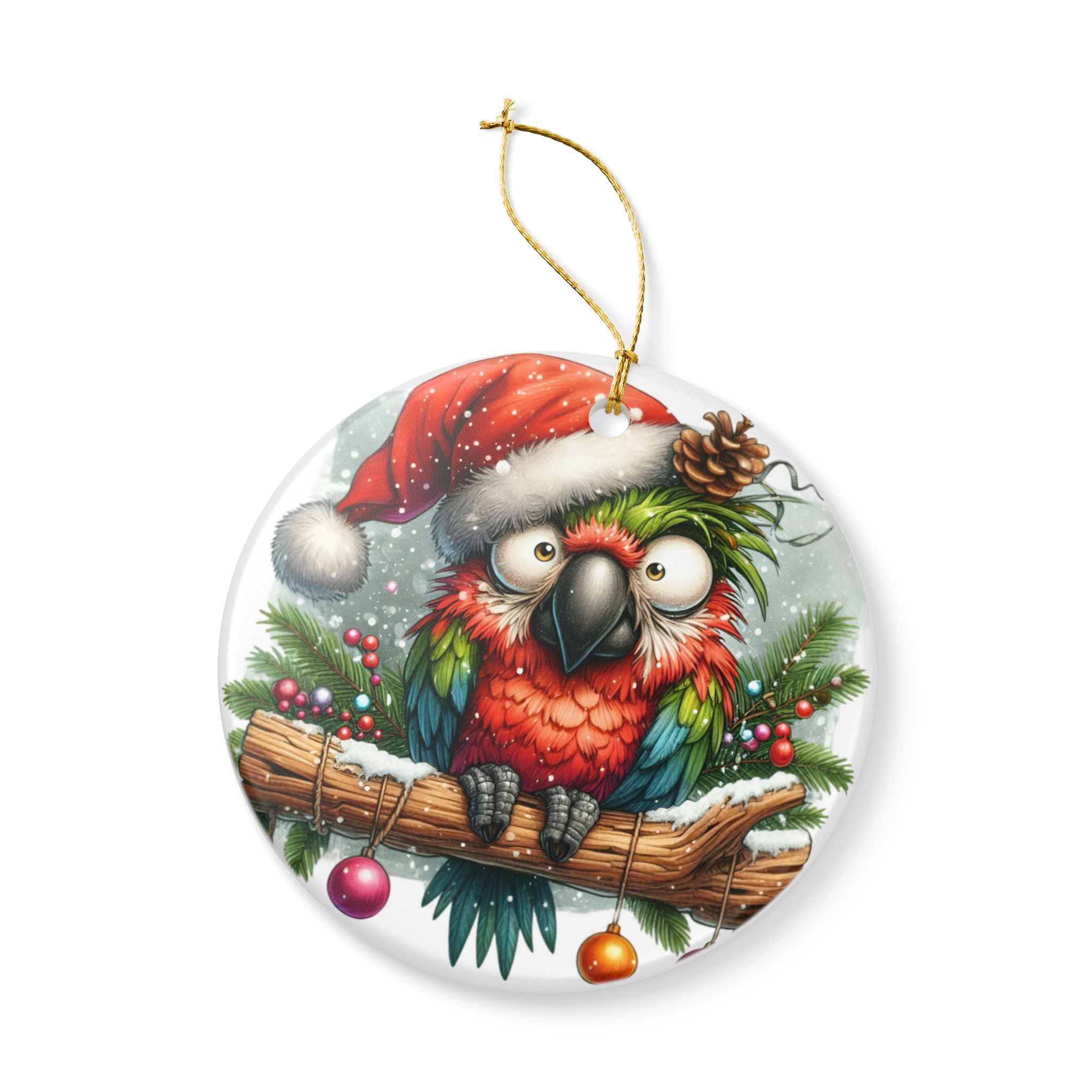 Christmas Parrot Santa Ceramic Ornament