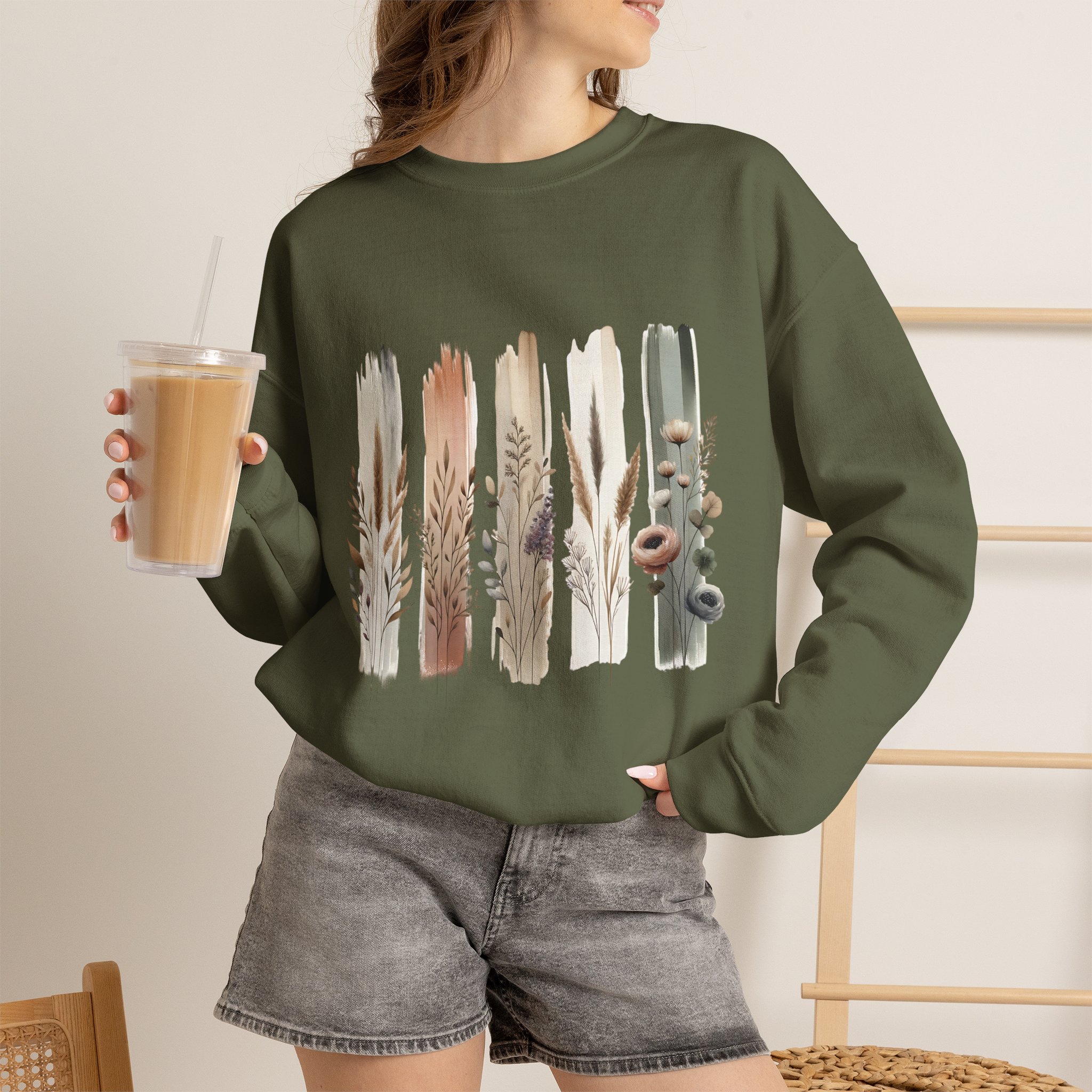 Boho Neutral Brushstroke Floral Crewneck Sweatshirt
